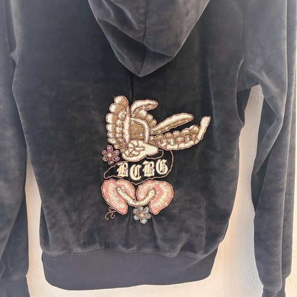 BCBGMAXAZRIA Black Y2K Velour Zip Up Embroidered Logo Hoodie Womens Size M - Picture 8 of 11